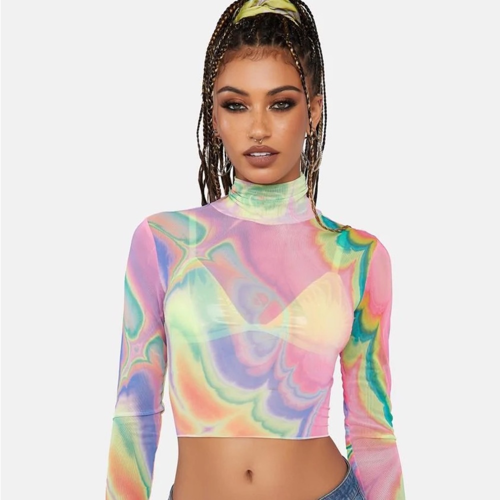 Dolls Kill Abstract Multi Marble Micaela Long Sleeve Mesh Top - AFRM - Rainbow